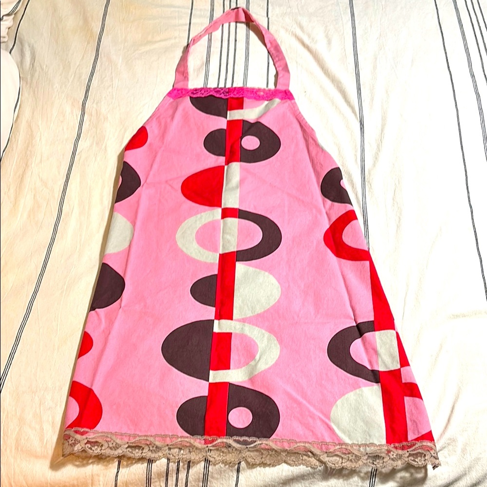 Pink Patterned Apron, Lace Trim and Velveteen Belt Straps